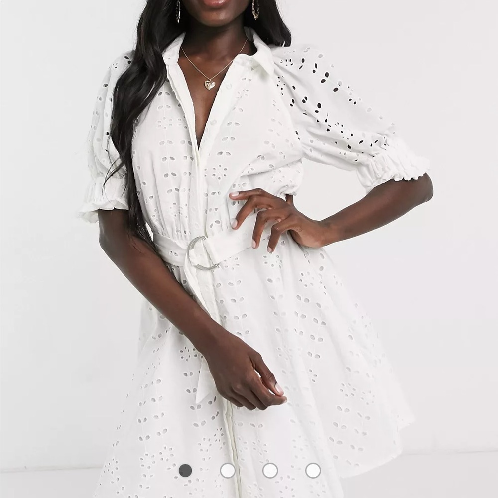 White lace puff sleeve paisley button down dress